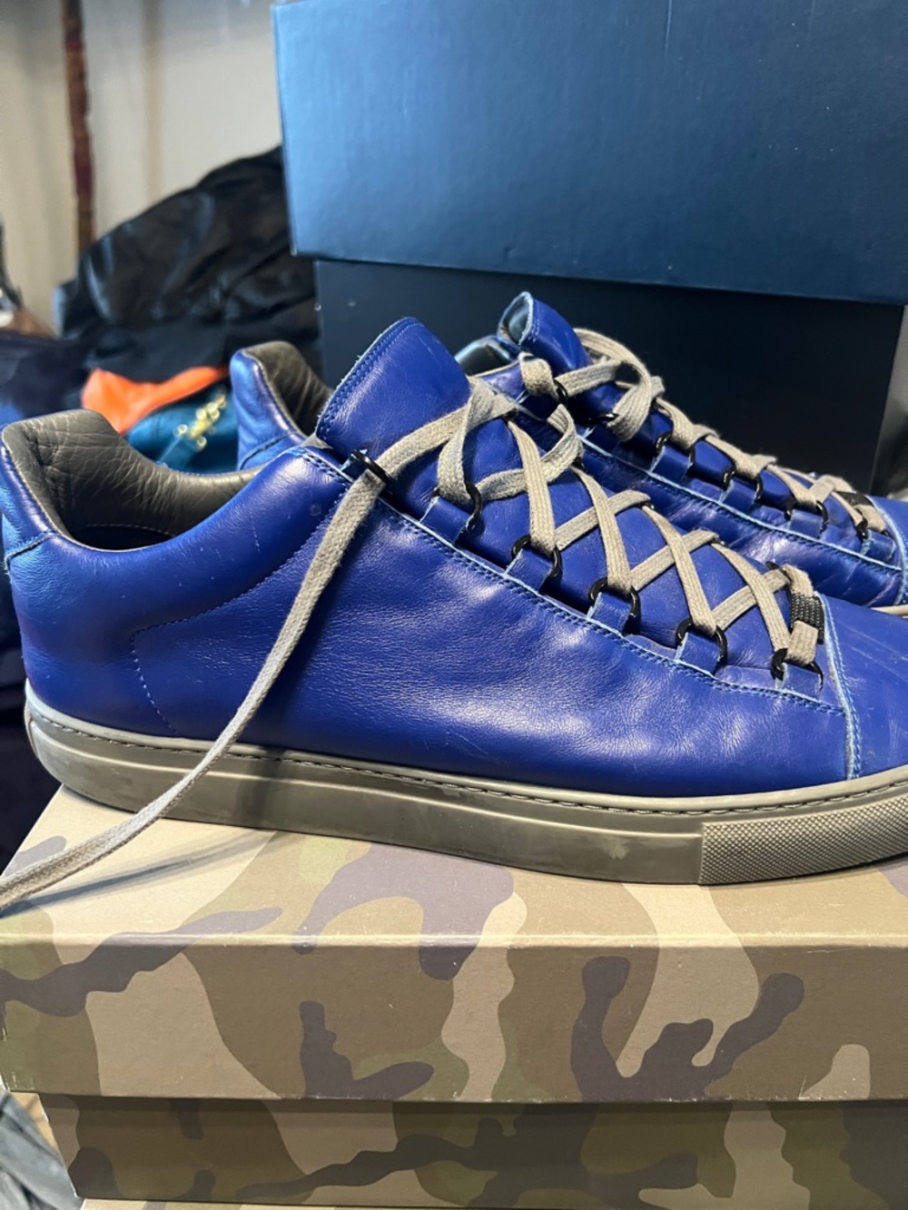 Balenciaga Blue Leather Low-Top Arena Sneakers with Gray Laces